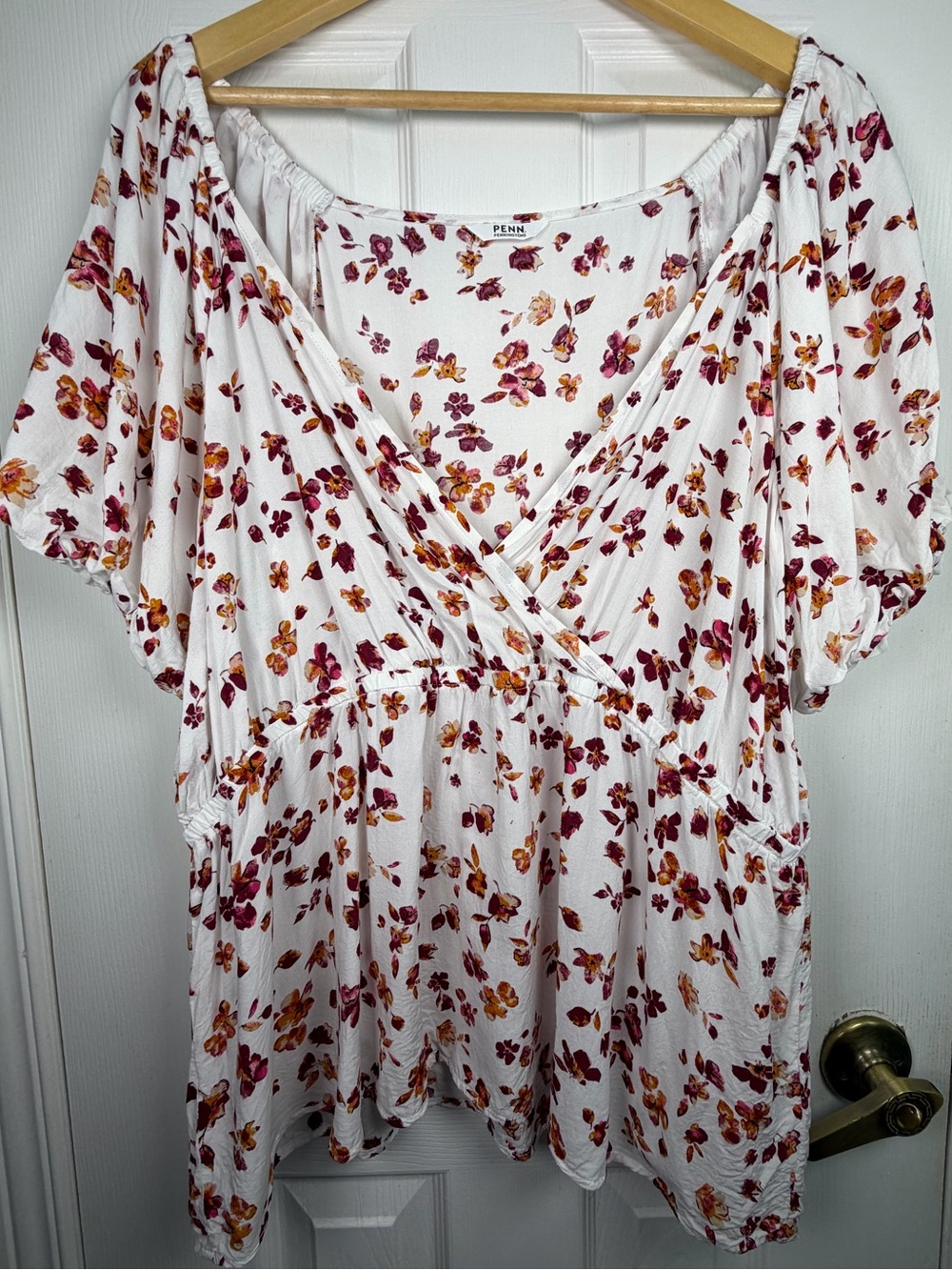 Penningtons White Floral Wrap Style Blouse Women's 2X Burgundy Mustard Boho